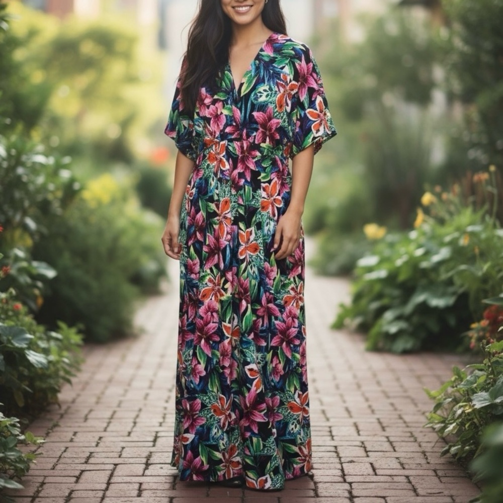Dress Maxi Floral Orchids Multipattern Size XL Tropics